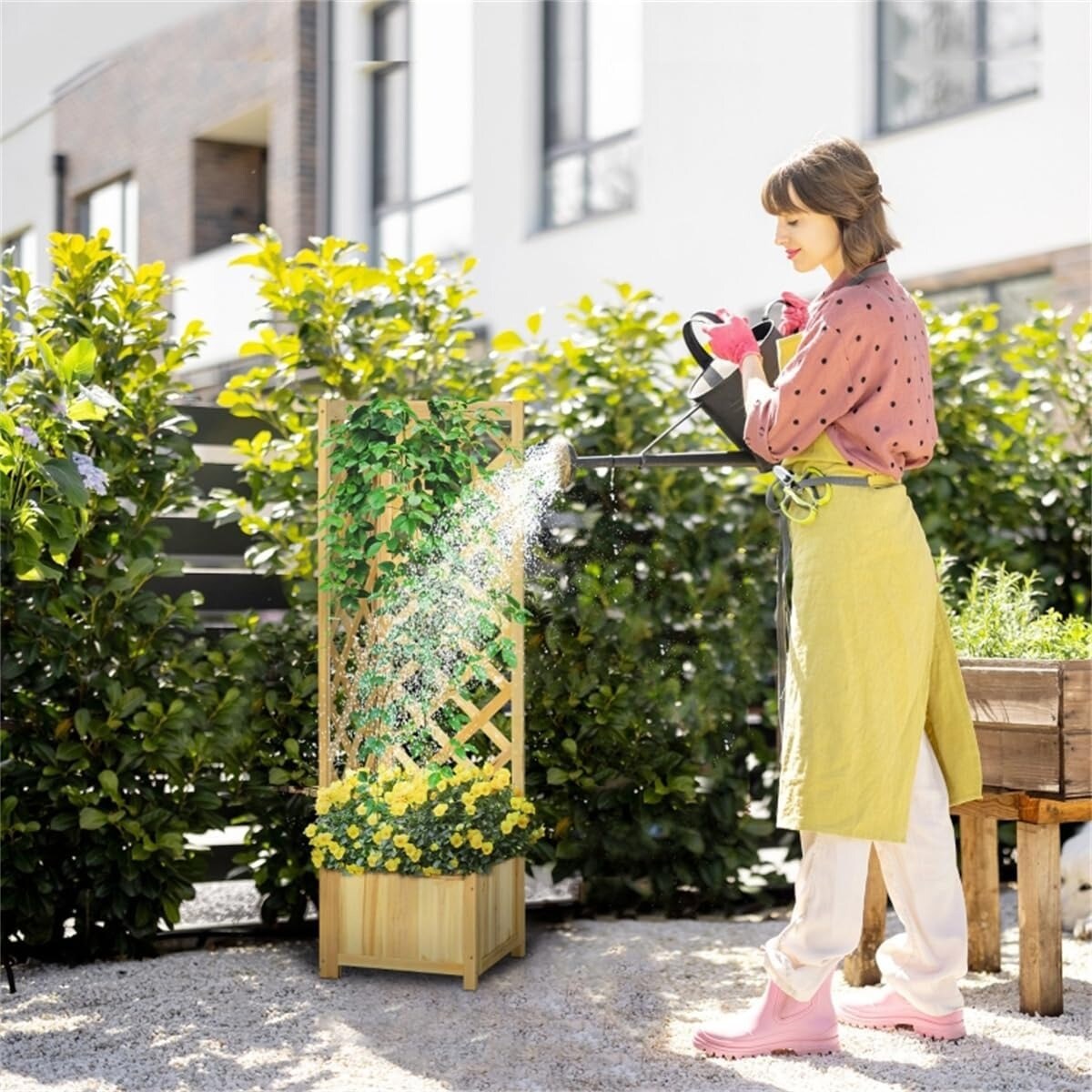 57" Carbonized Wooden Raised Garden Corner Planter Bed with Trellis