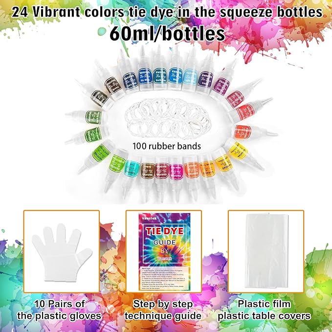 Tie Dye Kit, 24 Colors Tie Dye Shirt DIY Fabric Dye for Women, Kids, Men, with Rubber Bands, Gloves, Plastic Film and Table Covers for Family Friends Group Party Supplies