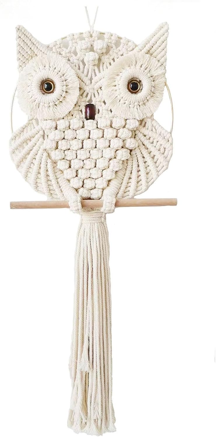 Owl Macrame Wall Hanging Hand-Woven Boho Tapestry, Owl-Themed Wall Decor for Bedroom, Living Room, or Nursery (Beige, Small)