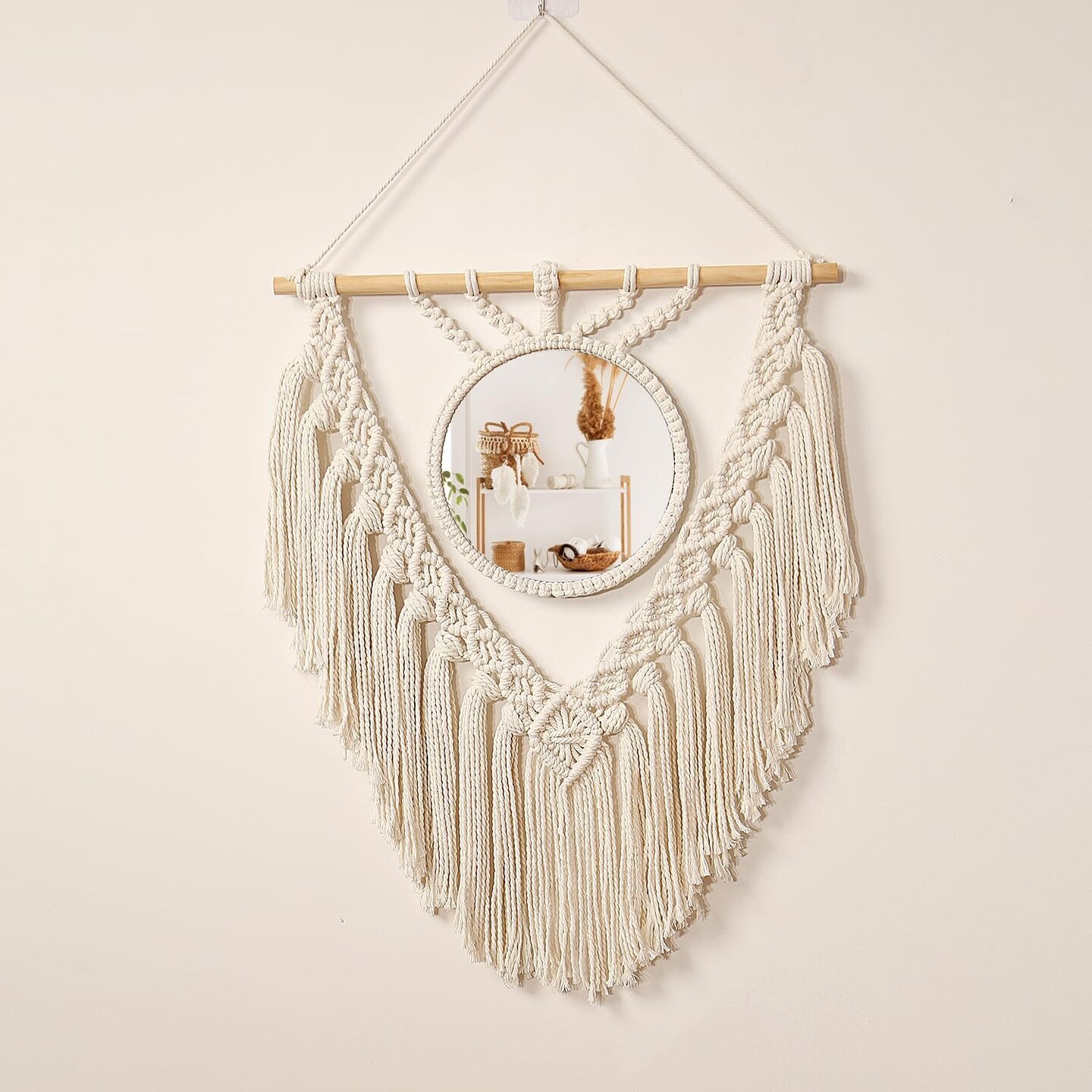 Boho Round Macramé Wall Mirror – Circle Hanging Mirror for Bedroom, Living Room, Apartment, Entryway, Vanity, or Over-Sink Décor