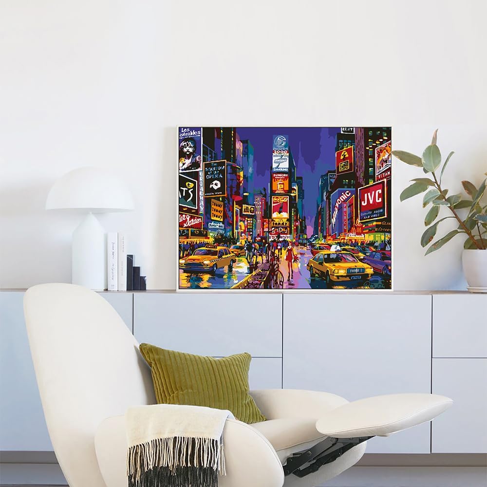 New York City Paint by Numbers Kit for Adults Landscape,Street Times Square Paint by Number Kits Paintworks,DIY Oil Painting Acrylic Watercolor Painting Canvas