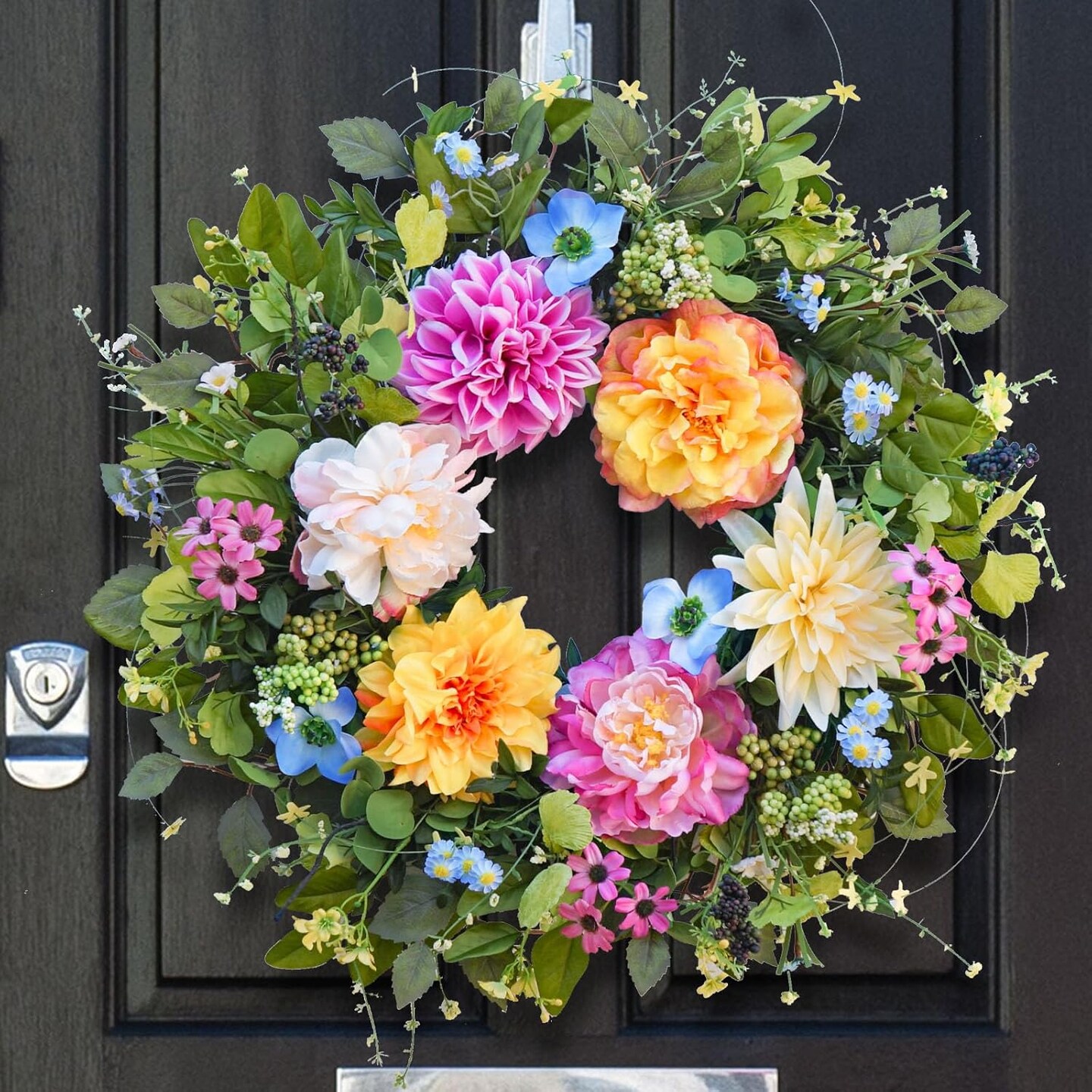 Spring Wreaths for Front Door, Summer Outdoor Wreath with Peony and Dahlia, Floral Door Decor for All Season Home Wall Wedding Farmhouse Holiday