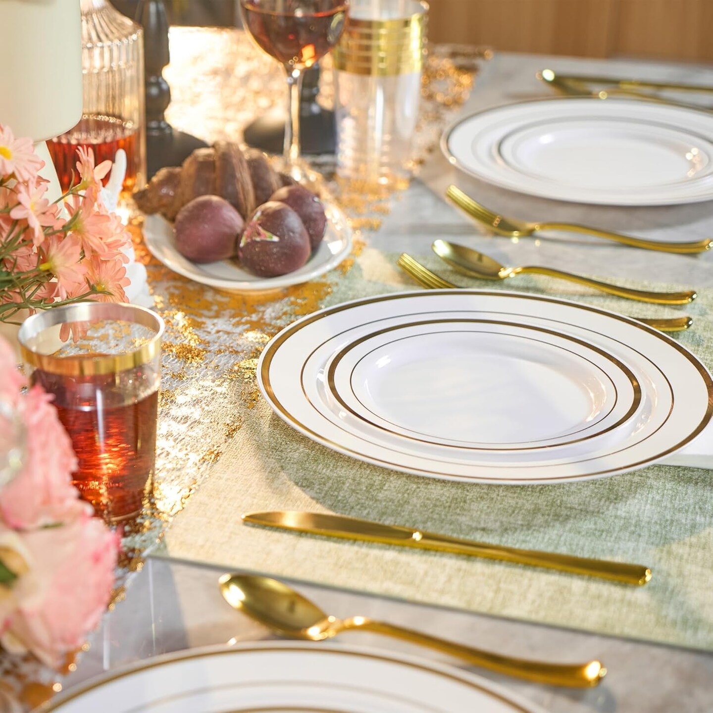350-Piece Gold Disposable Plates Set – Includes 50 Dinner Plates, 50 Salad Plates, 50 Cups, and 50 Paper Napkins. Elegant Disposable Dinnerware for Parties, Weddings, and Special Events.