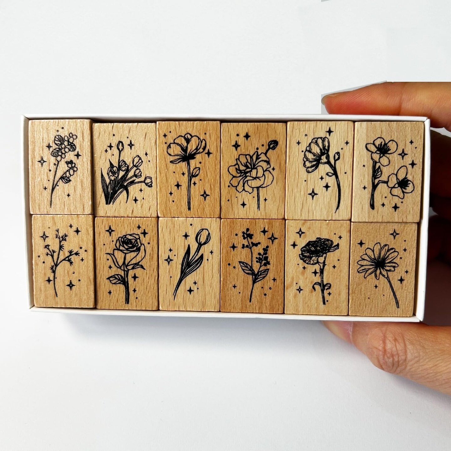 12Pcs Wooden Rubber Stamps Vintage Decorative Plant and Flower Wood Rubber Stamp Set