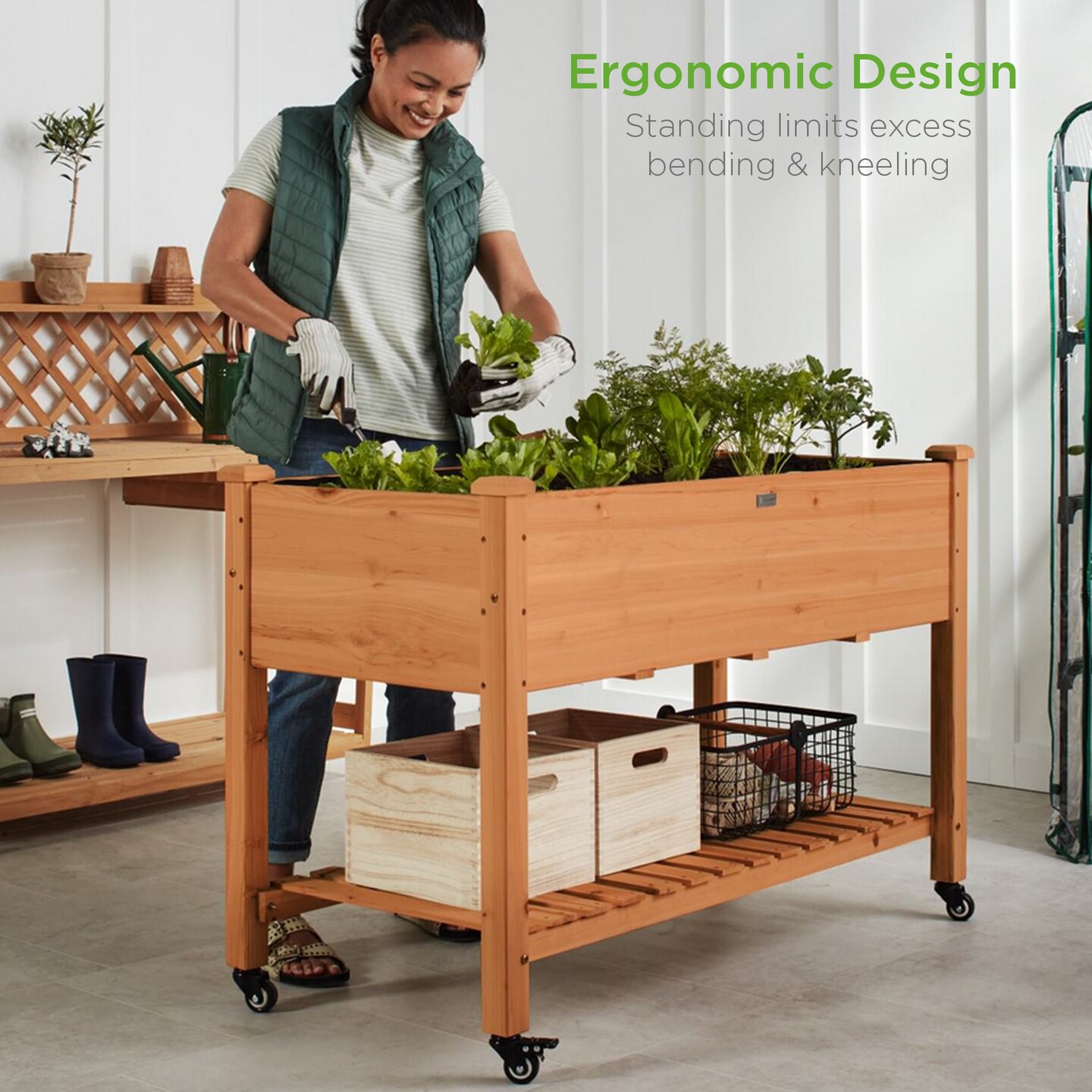 Best Choice Products Raised Garden Bed 48x23x32in Wood Mobile Elevated Planter w/ Wheel Locks, Shelf, Liner