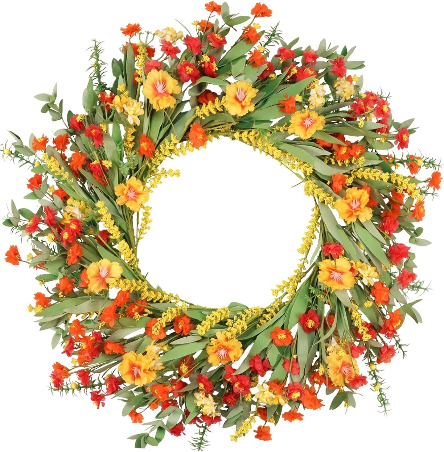 26" Spring Wreaths for Front Door Artificial Floral Wreath with Wildflowers Portulaca Easter Summer Decorations for Indoor Outdoor Window Wall Farmhouse Home Front Porch Decor Red and Yellow