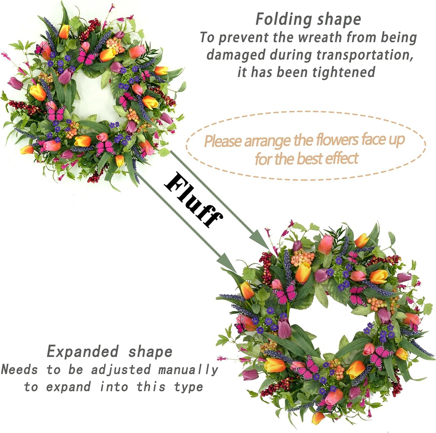 22 inch Spring Summer Wreath Tulip Wreath for Front Door with Purple Tassels, Eucalyptus Leaves, Ferns, Butterflies for Indoor Outdoor Wall Festival Home Farmhouse Wedding Decor