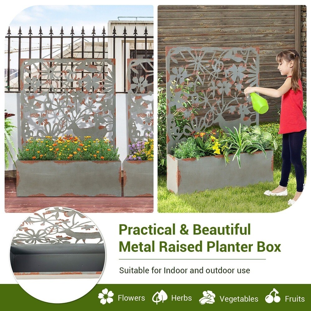 2Pcs Rust Metal Privacy Screen Planter with Trellis & Hanging Hook