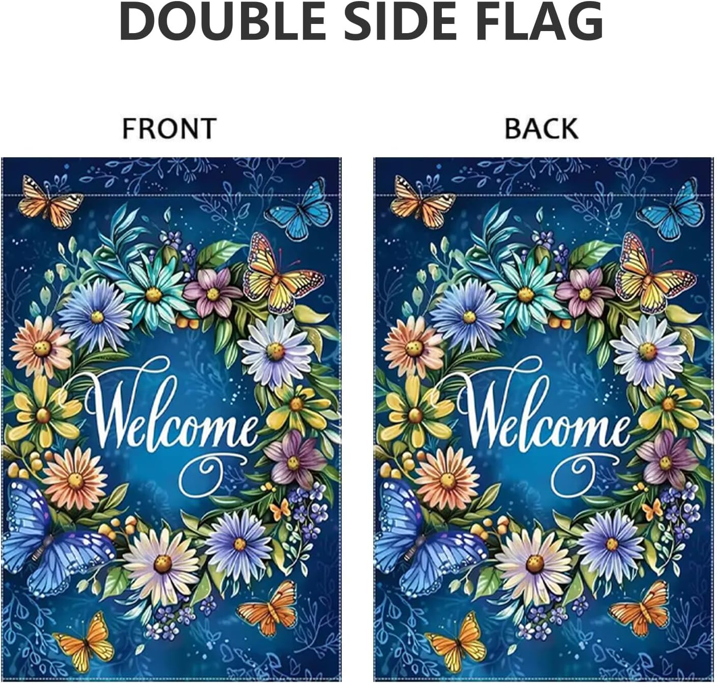 Welcome Spring Summer Garden Flag 12x18 Inch Double Sided, Burlap Blue Wreath Floral Butterfly Yard Outdoor Flags