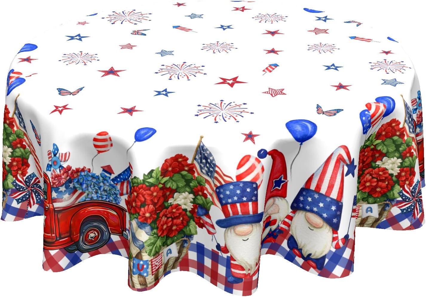 4th of July Tablecloth Round Patriotic American Flag Star Table Cloths Circular Independence Day Gnome Truck Table Cover Waterproof Polyester Tabletop for Dining Kitchen Party Decor 60 Inch