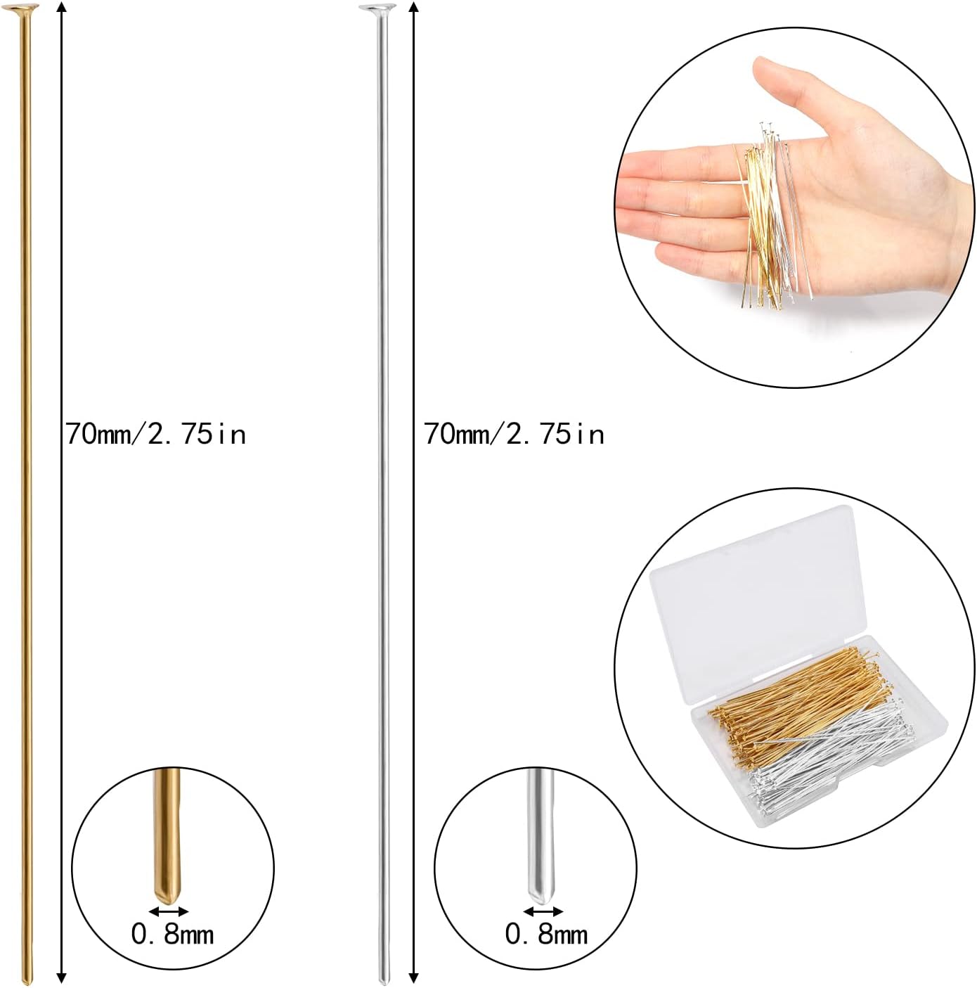 200 Pcs 70mm/2.76 Inch 21 Gauge Straight Head Pins for Craft Earring Bracelet Necklace Pendant DIY Jewelry Making, Silver & Gold Color