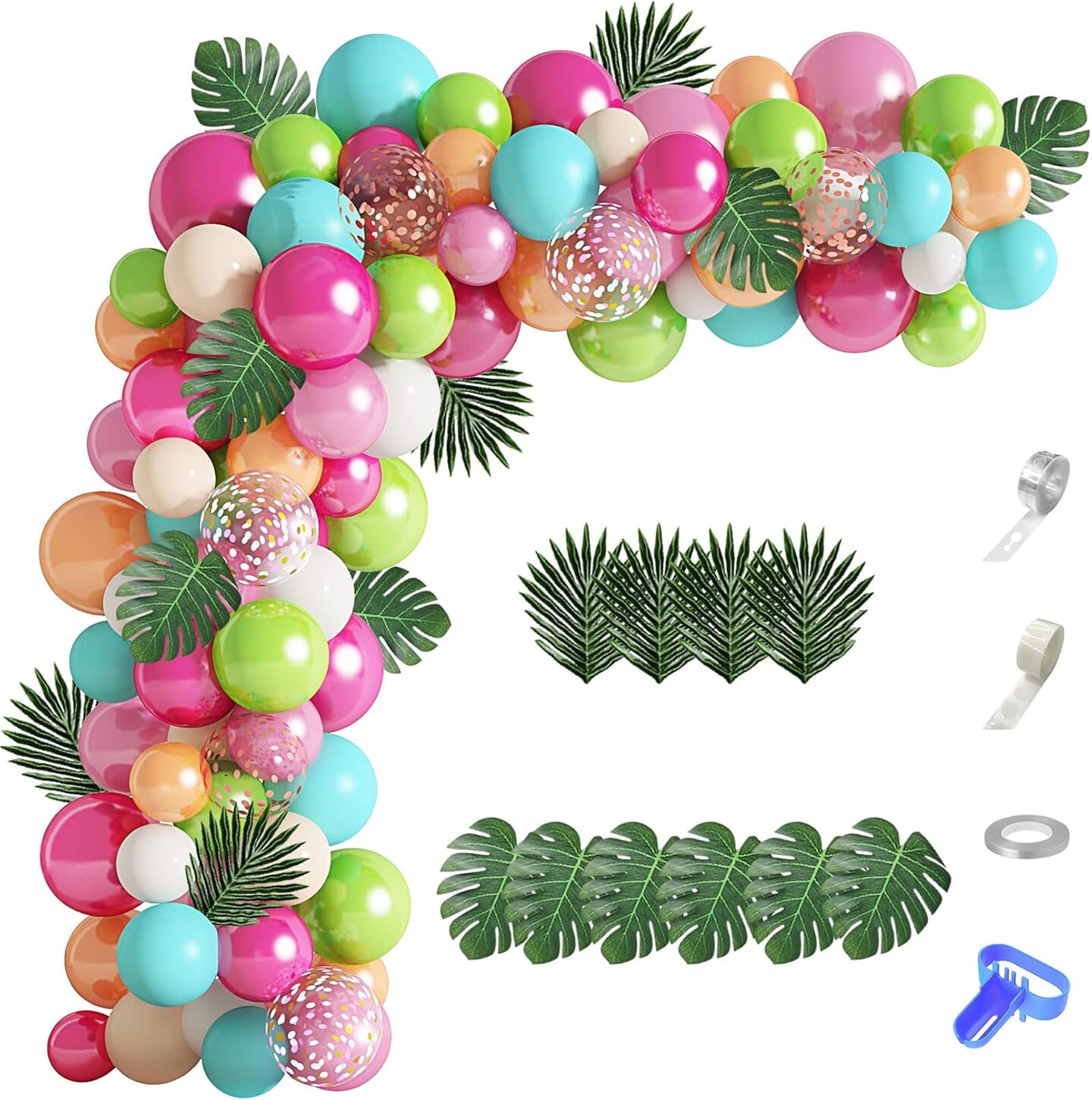 124-Piece Tropical Balloon Arch Garland Kit – Green, Hot Pink, Rose Gold, Confetti Balloons with Palm Leaves for Hawaiian Luau, Flamingo Birthday, Baby Shower, and Wedding Decorations