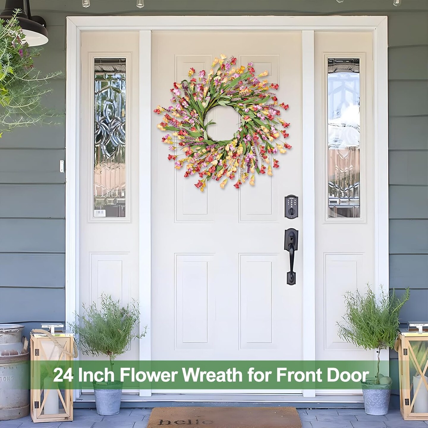 24&#x22; Spring Wreaths for Front Door Not Withering Artificial Floral Wreath with Wildflowers Summer Decorations for Indoor Outdoor Window Wall Farmhouse Porch Easter Home Decor Red Orange Purple
