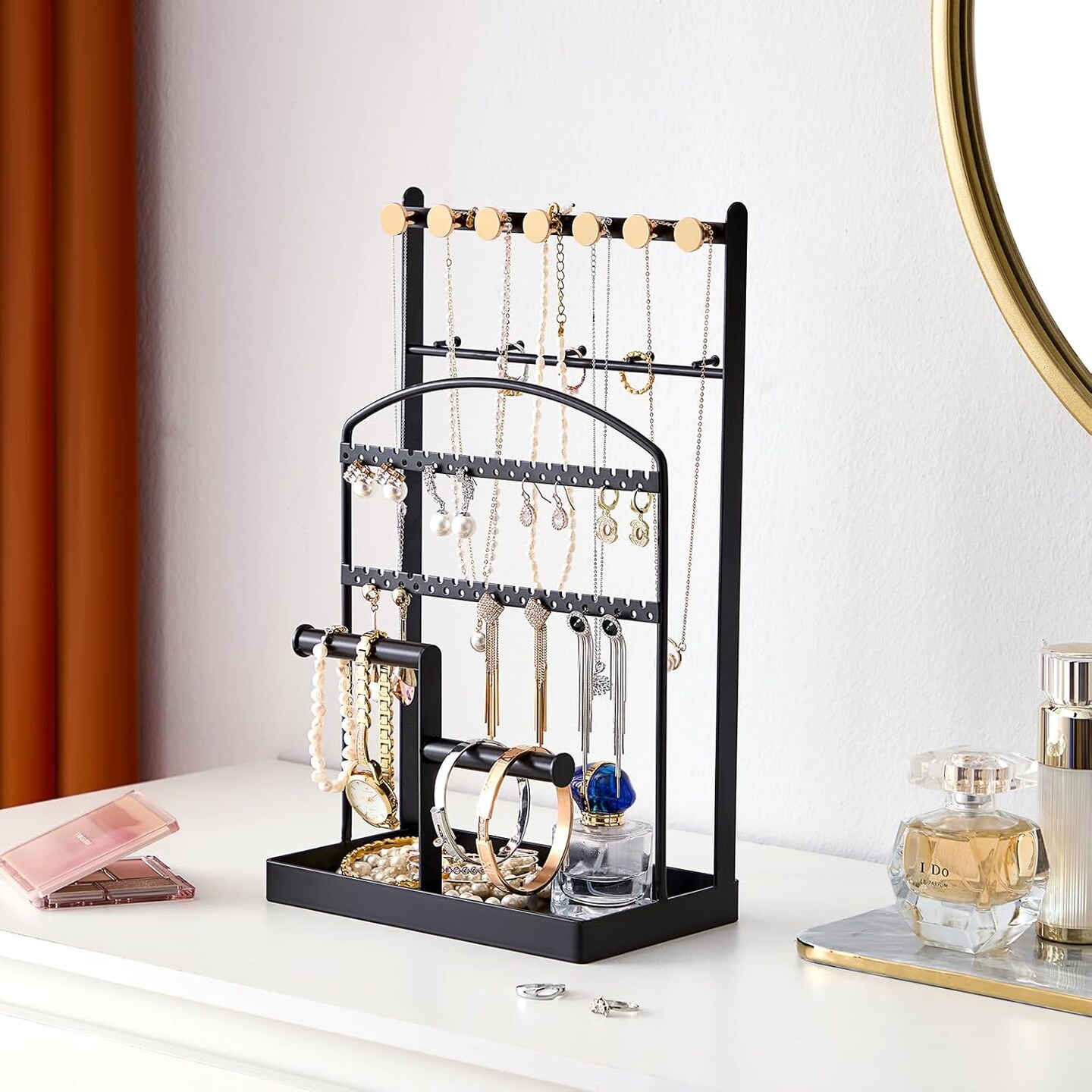 Modern Jewelry Organizer with 6 Compartments Layered Jewelry Tower Organizer Jewelry Box Compact Storage Solution for Earring, Necklace, Ring Collections -Black