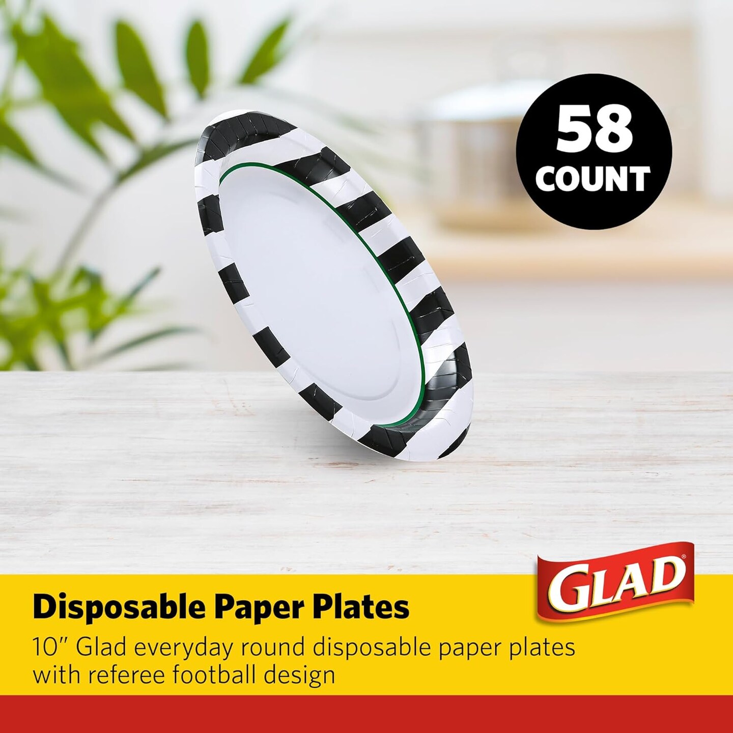 58-count of 10-inch round disposable paper plates with a referee football pattern. Strong, sturdy, soak-proof, and microwavable, perfect for dinner or everyday use.