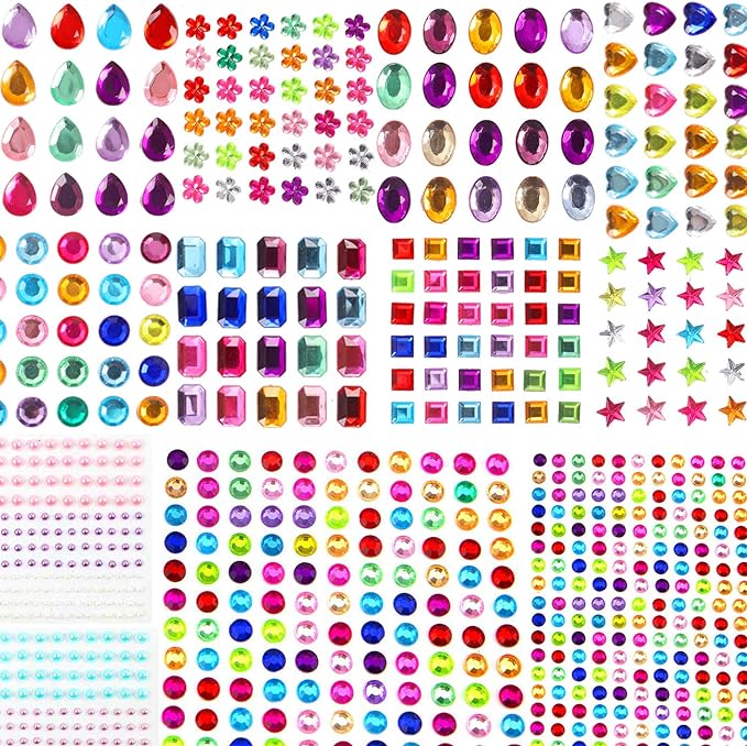 1782pcs Gems Stickers, Self Adhesive Gems for Crafts Bling Rhinestones for Crafts, Assorted Shapes Jewels Stickers for Kids, Stick on Gems, Muticolor