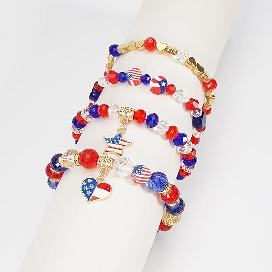 4th of July Beaded Bracelets with American Flag Stars Charms USA Jewelry