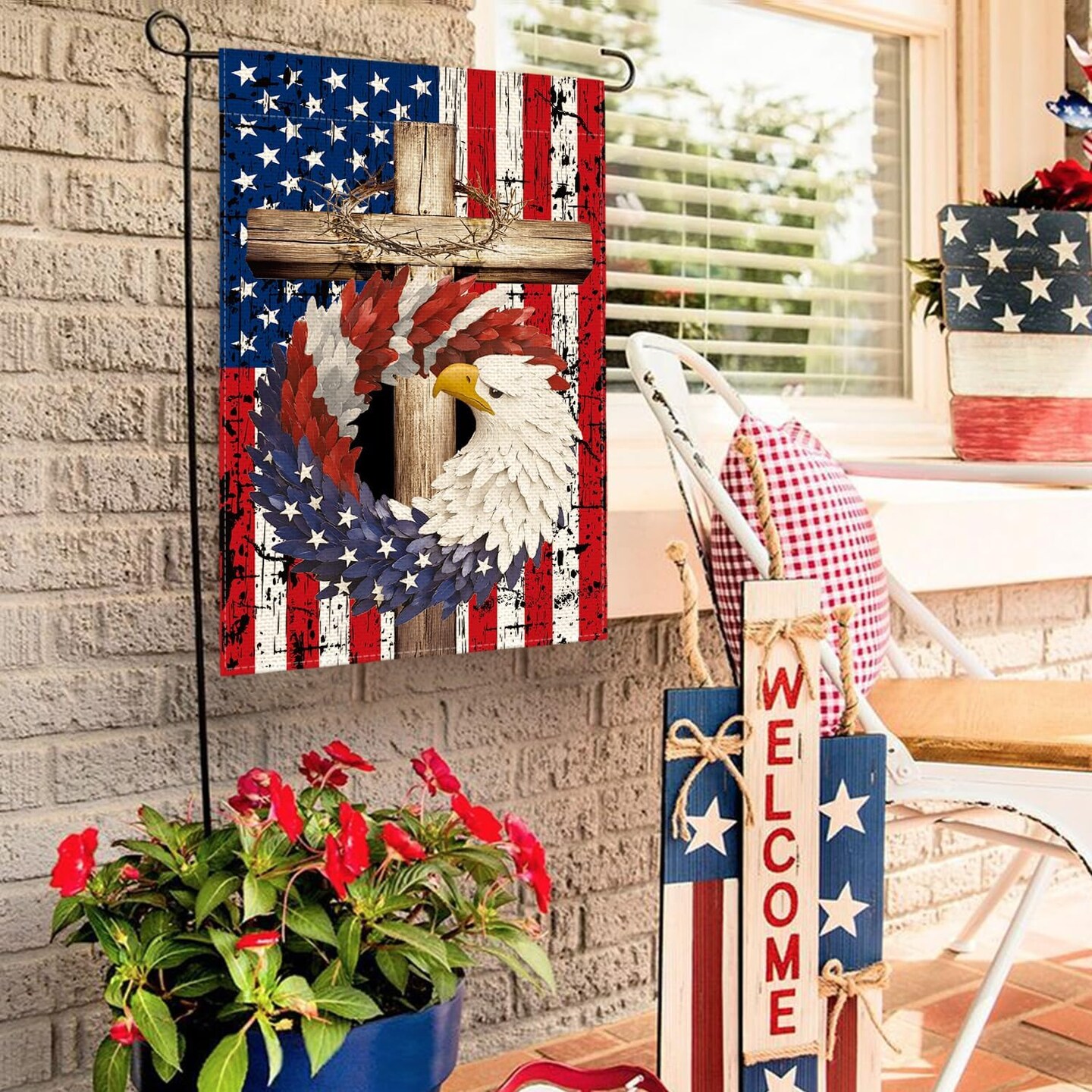 Patriotic Stars and Stripes Eagle Wreath Garden Flag 12x18 Inch Double Sided Outside, USA 4th of July Memorial Day Independence Day Watercolor Yard Outdoor Decoration