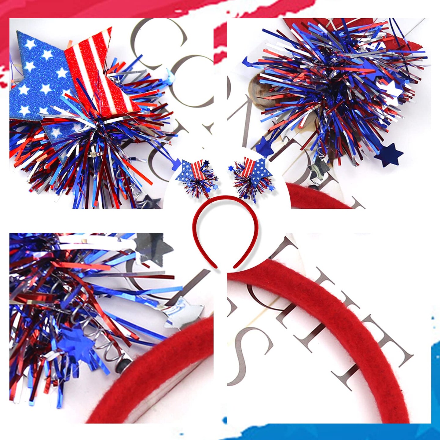 4th of July Headband Independence Day Hair Accessories Patriotic Party Hair Supplies USA Flag Star Design Blue Red Ribbon Stars Hair Decoration Cute Hair Hoop for Women Girls Kids 1 Pcs