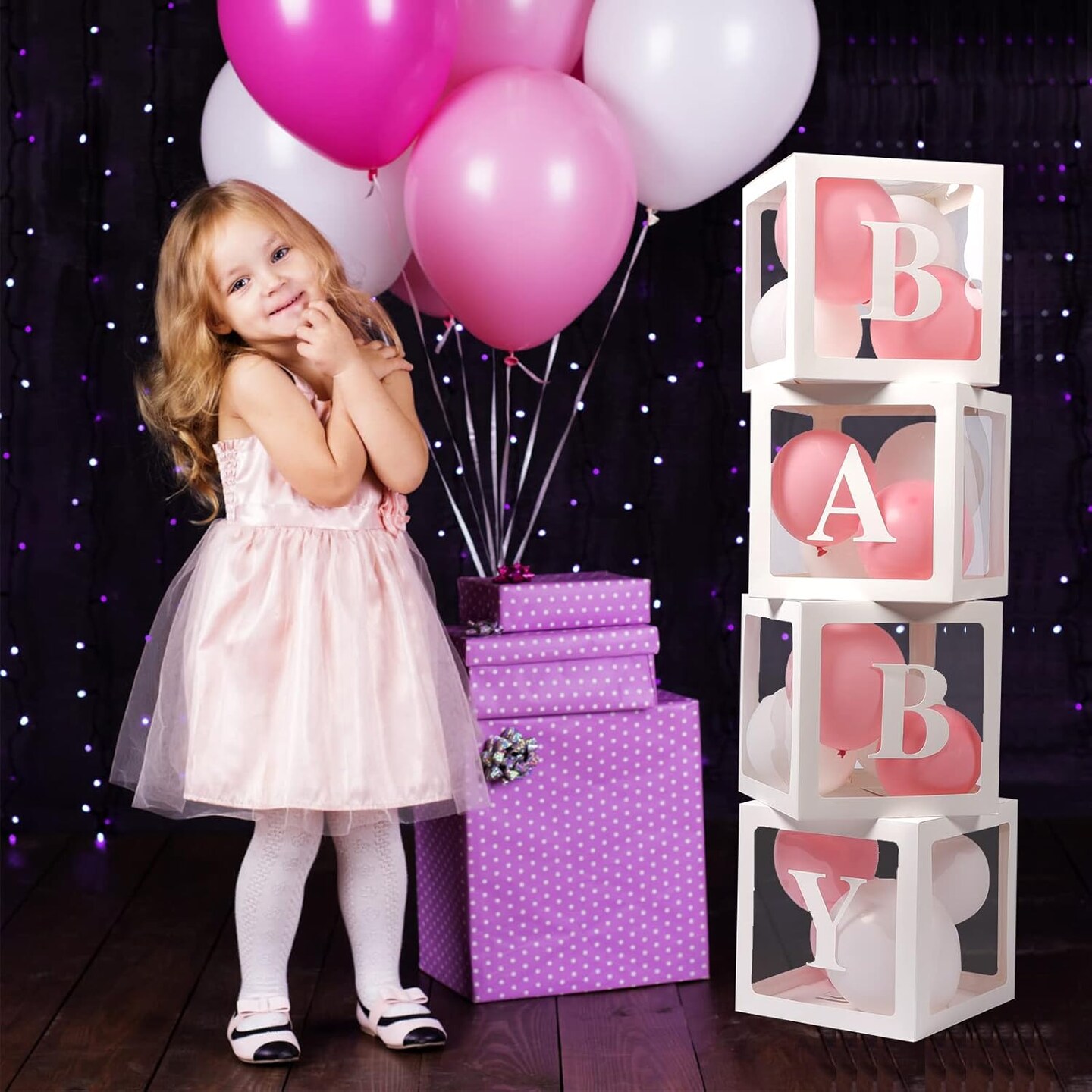 Baby Boxes with Letters for Baby Shower, 4 Transparent Balloon Boxes with Letters for Gender Reveal Birthday Wedding Baby Shower Decorations