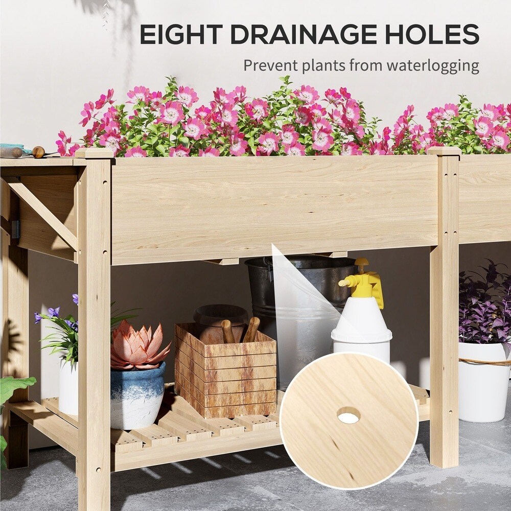 Wood Raised Garden Bed with Side Table, Bottom Shelf &#x26; Drainage Hole