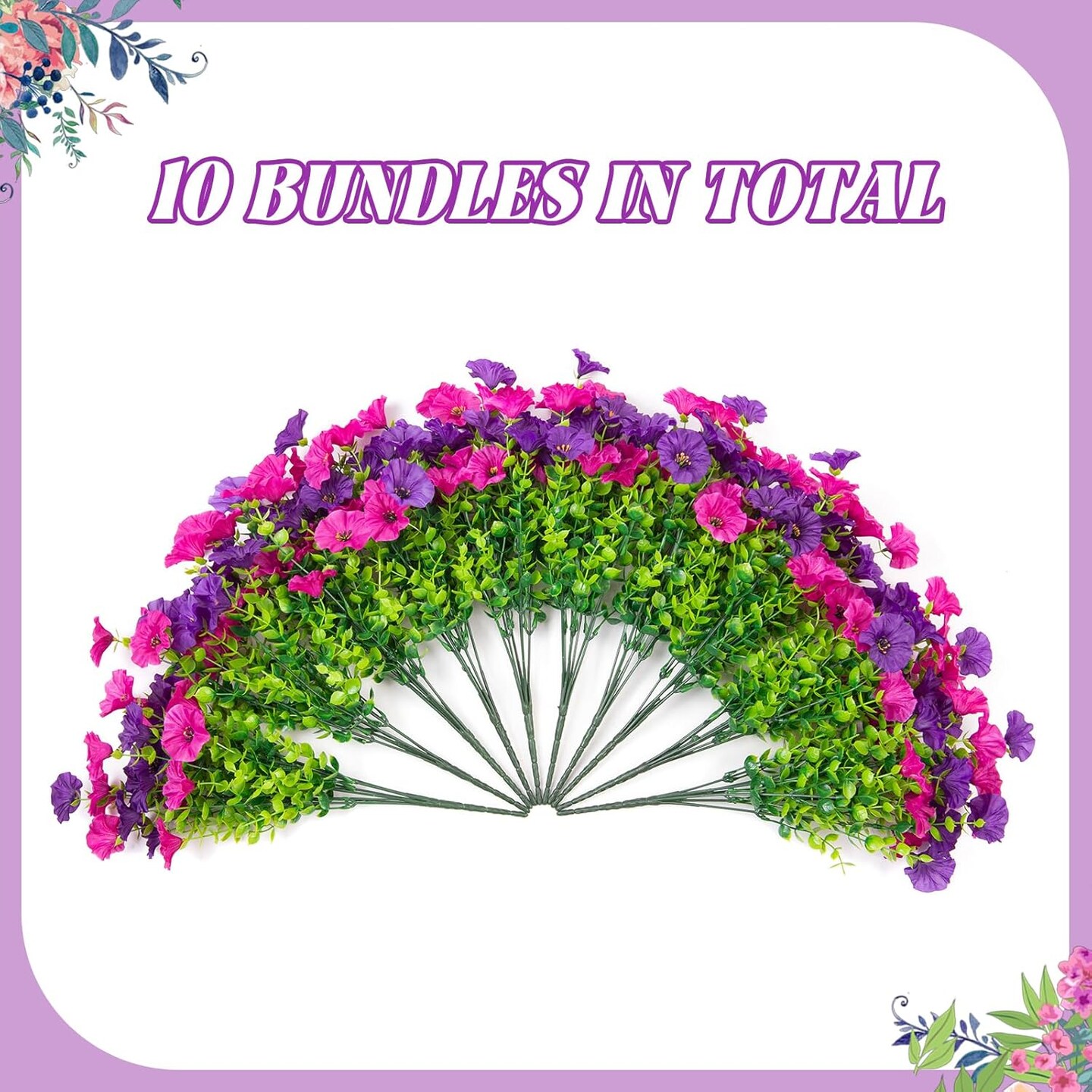 10-Bundle Artificial Outdoor Flower Set – Faux Silk Morning Glory & Petunias for Spring & Summer Garden, Porch, Front Door, and Outdoor Decor (Purple)
