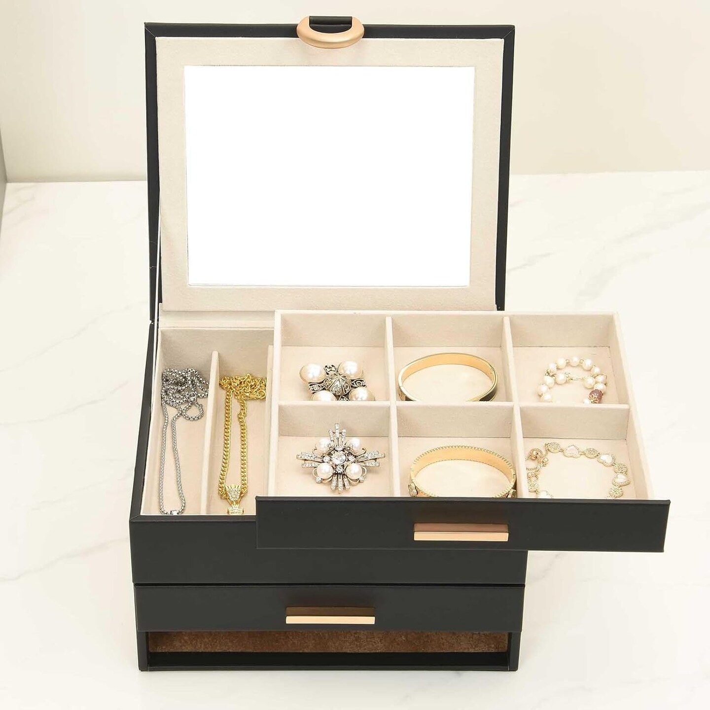 Jewelry Organizer Box with Mirror - 3 Layer 2 Drawers Storage for Earrings Rings Necklaces Bracelets Women&#x2019;s Jewelry Box Black