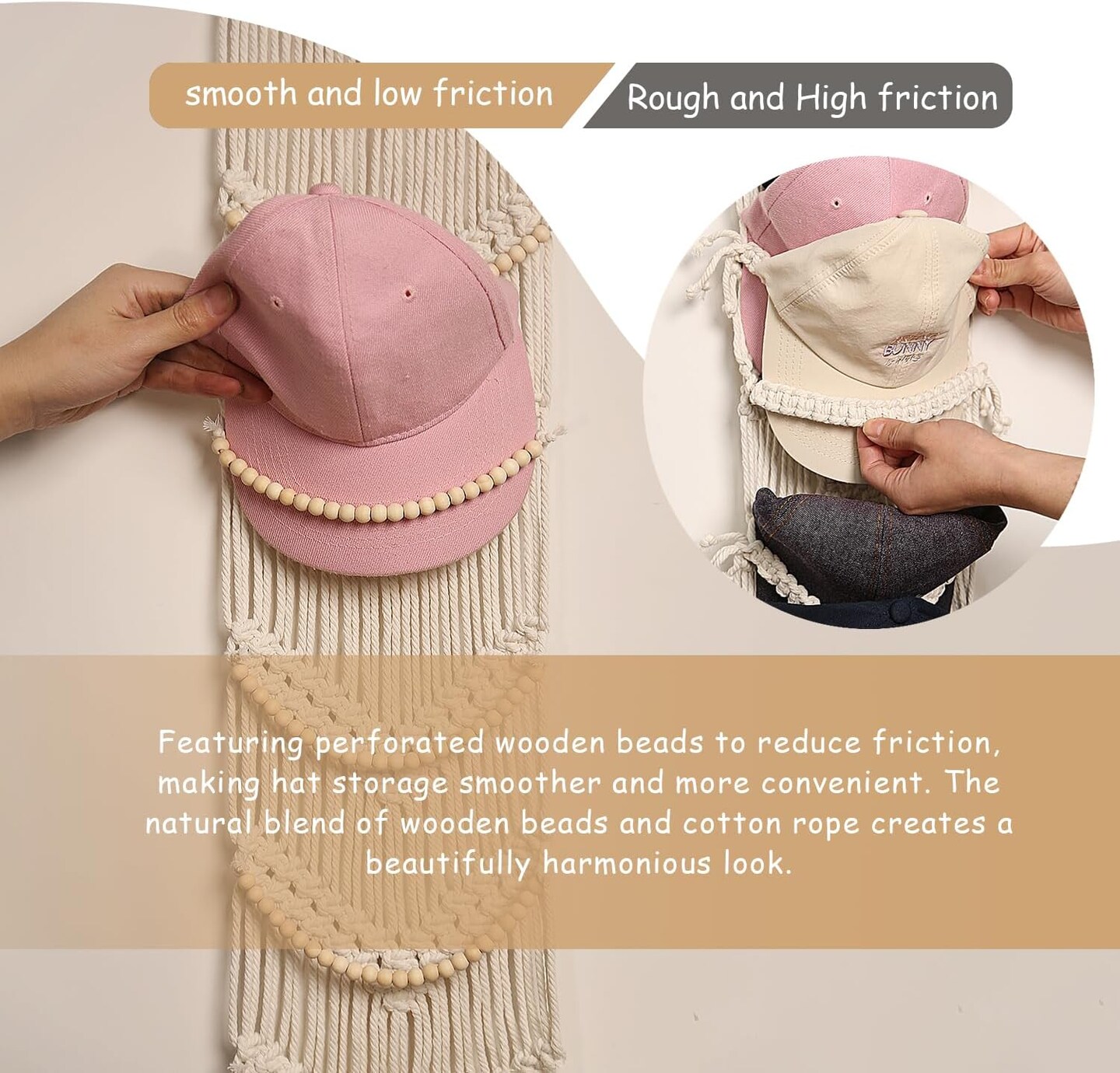 Boho Macrame Wall Hat Hanger – 1-Pack Baseball Cap Holder, Over-the-Door & Wall-Mounted Rack for Display and Storage