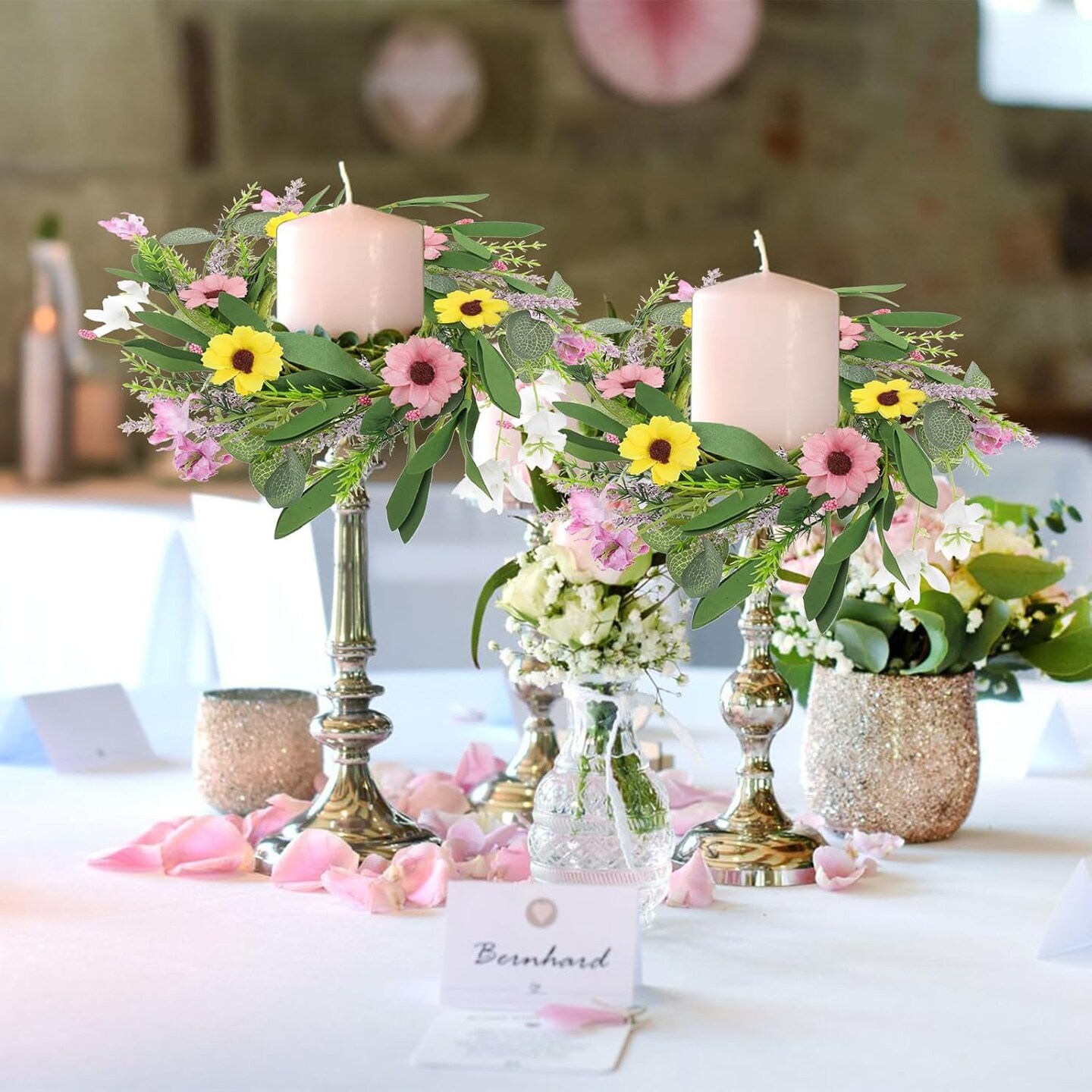 6Pcs Artificial Summer Small Wreaths Mini Floral Wedding Candle Rings Wreaths for Front Door Farmhouse Kitchen Cabinet Wreath