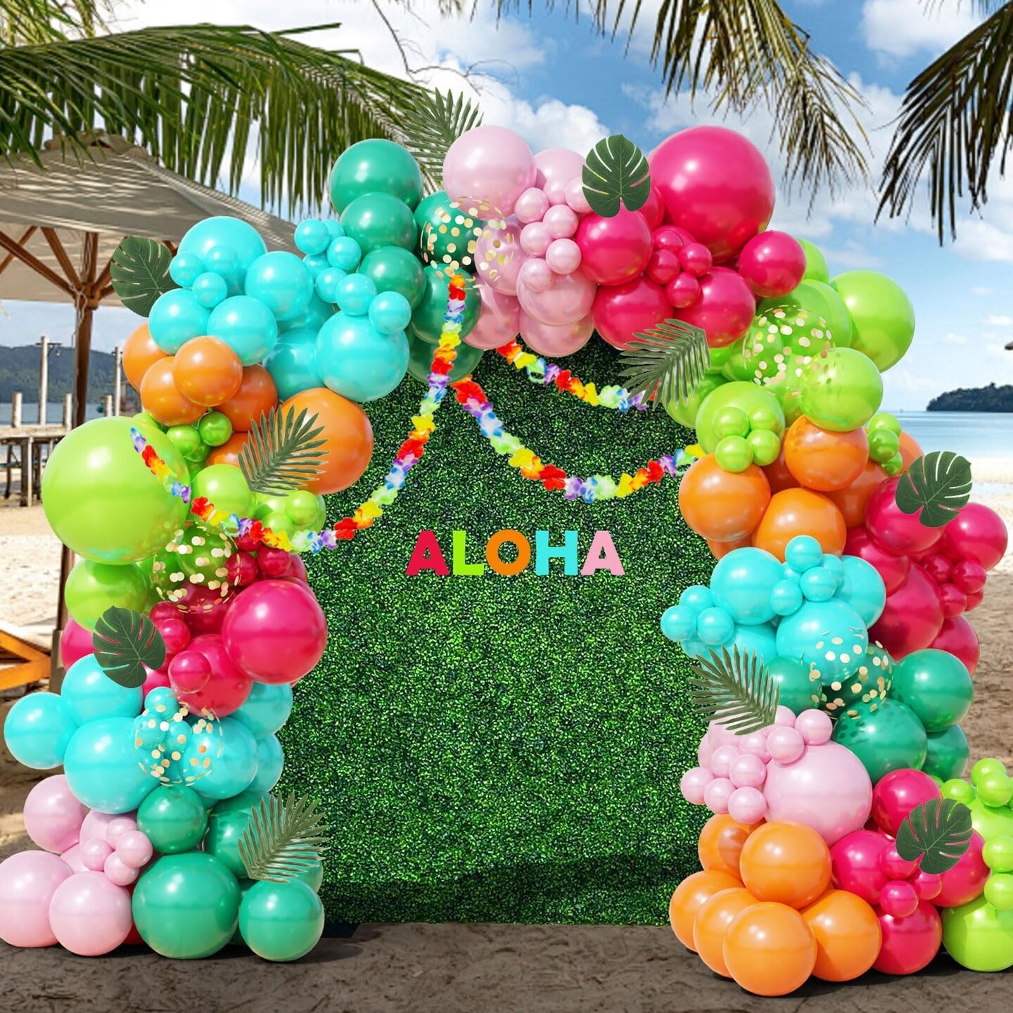 161-Piece Tropical Balloon Arch Kit – Hawaiian Theme with Rose Gold Confetti Balloons, Palm Leaves, and Flowers for Summer Luau, Baby Shower, Beach, Flamingo Pool, and Aloha Birthday Party Decorations