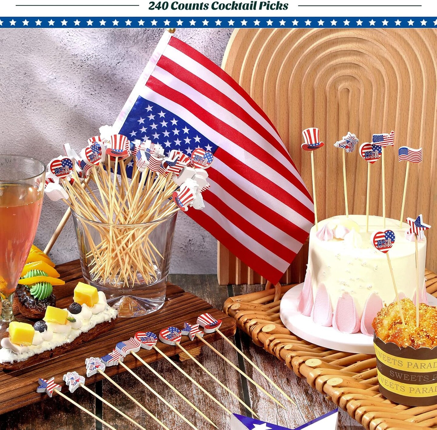 240 Pcs 4th of July Toothpick Patriotic Cocktail Picks American Flag Cupcake Topper 4.72 Inch Bamboo Fruit Sticks for Independence Day USA Party Favors Decorations Supplies, 6 Styles