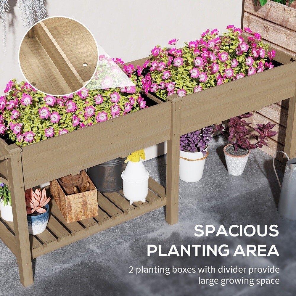 Wood Raised Garden Bed with Side Table, Bottom Shelf &#x26; Drainage Hole