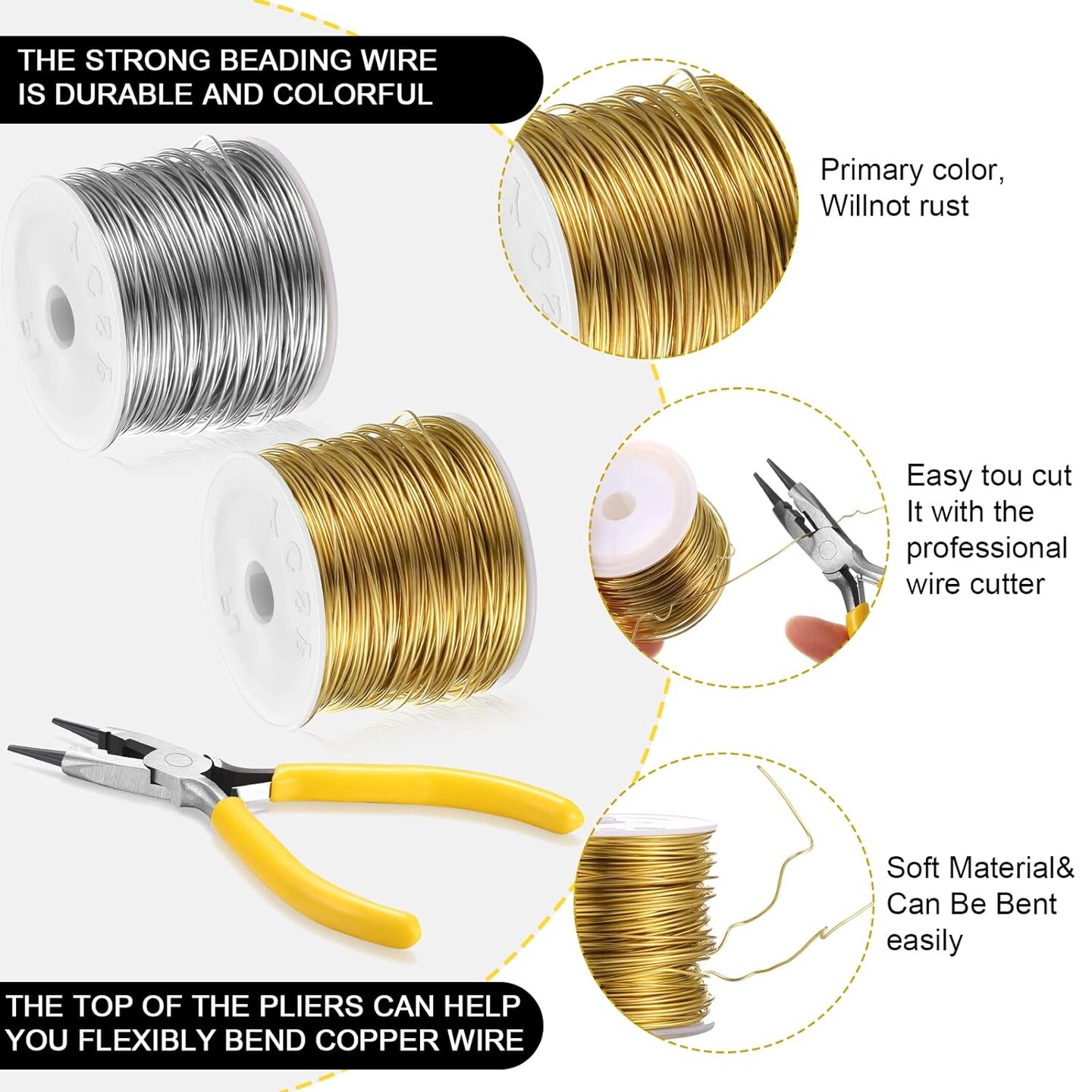 2 Rolls 20 Gauge Wire for Jewelry Making and Pliers - Silver Craft Tarnish Resistant Beading Wire for DIY Craft Making Supplies (Gold, Silver)