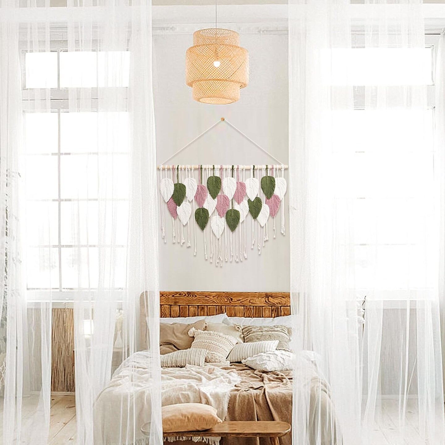 Macrame Wall Hanging - Boho Wall Decor in Beige, Old Pink &#x26; Green - Chic Woven Leaf Leaves Bohemian Hangings