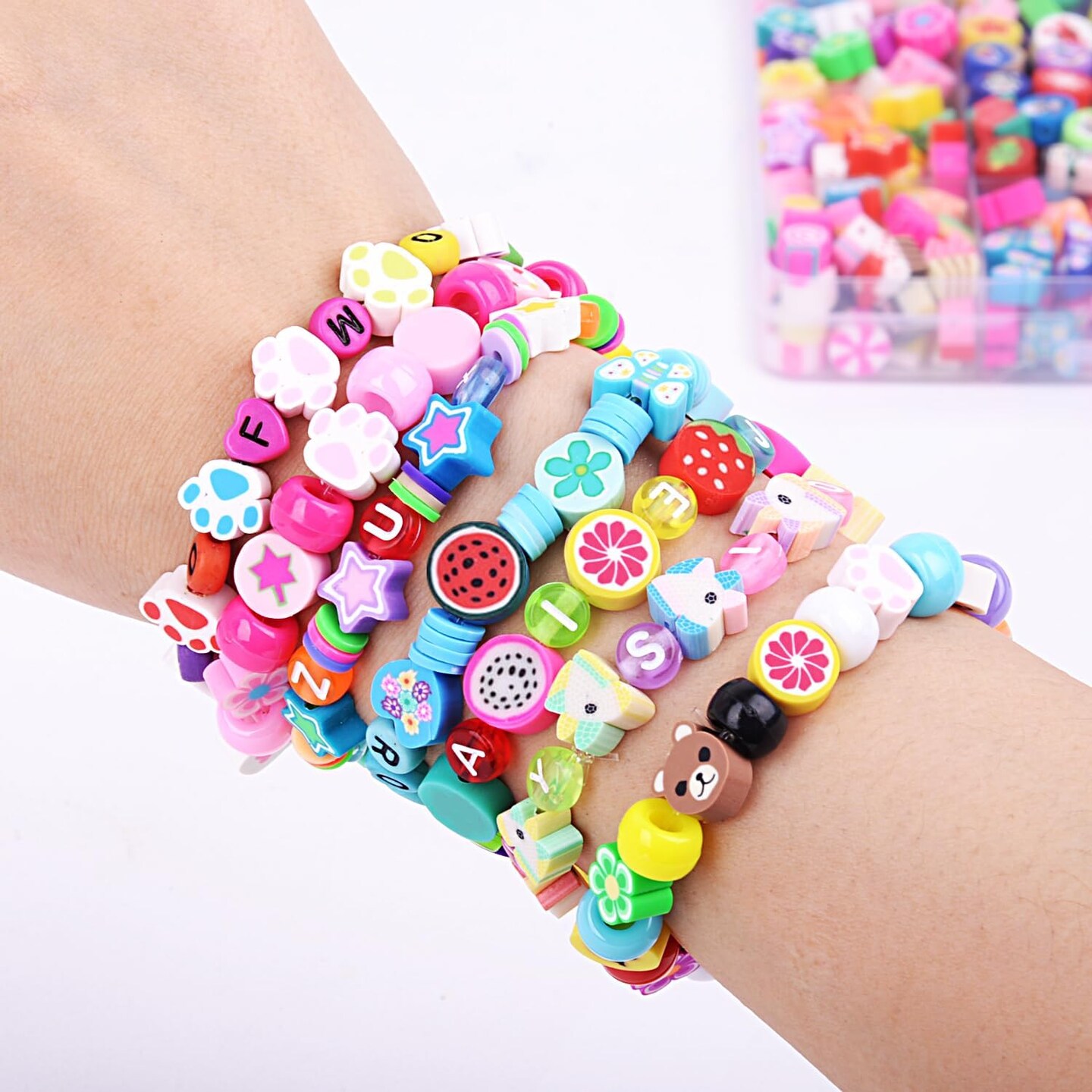 1000PCS Polymer Clay Beads Bracelet Making kit, 24 Style Cute Fun Beads Fruit Flower Animal Cake Butterfly Heart Beads Charms