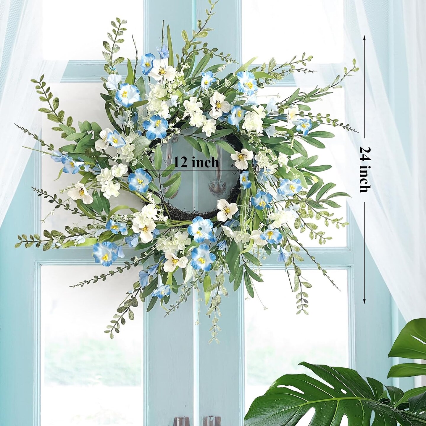 Spring Summer Wreaths for Front Door, 24 Inch Summer Wreath with Blue White Wildflower, Wreath for Farmhouse Outdoor Porch Home Wall