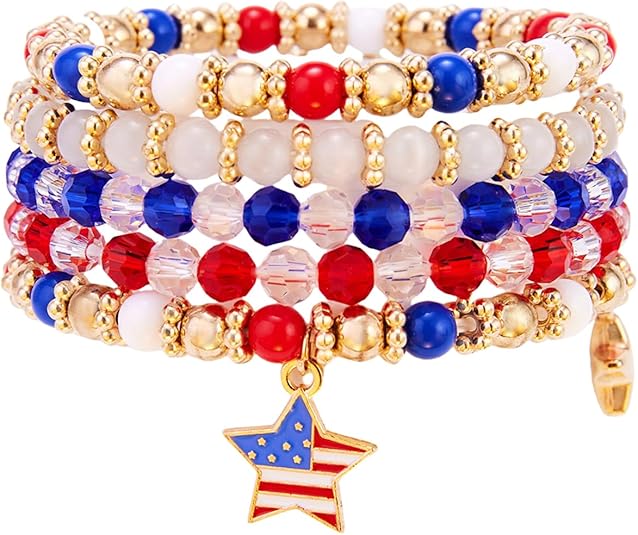 4th of July Bracelets for Women American Flag Patriotic Bracelet Set Red White Blue Independence Day Beaded Bracelets Boho Stretch Beads Bracelets USA Heishi Surfer Charm Bracelet Summer Beach Bracelets Jewelry