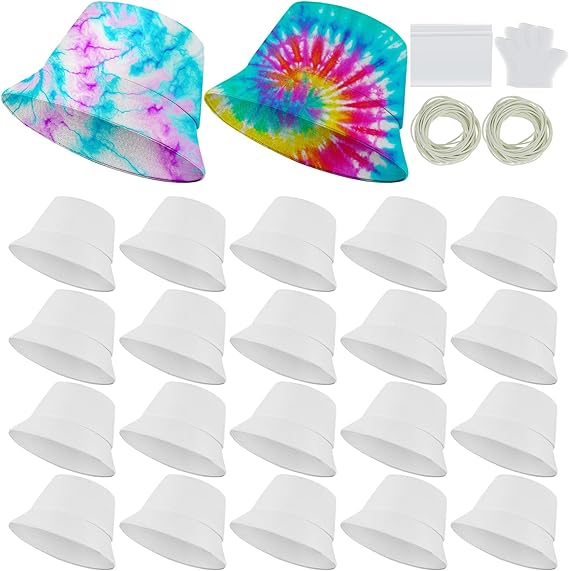 20 Pcs Cotton White Bucket Hat for Tie Dying Blank Cotton Packable Sun Hat with Accessory for Group Party DIY Project