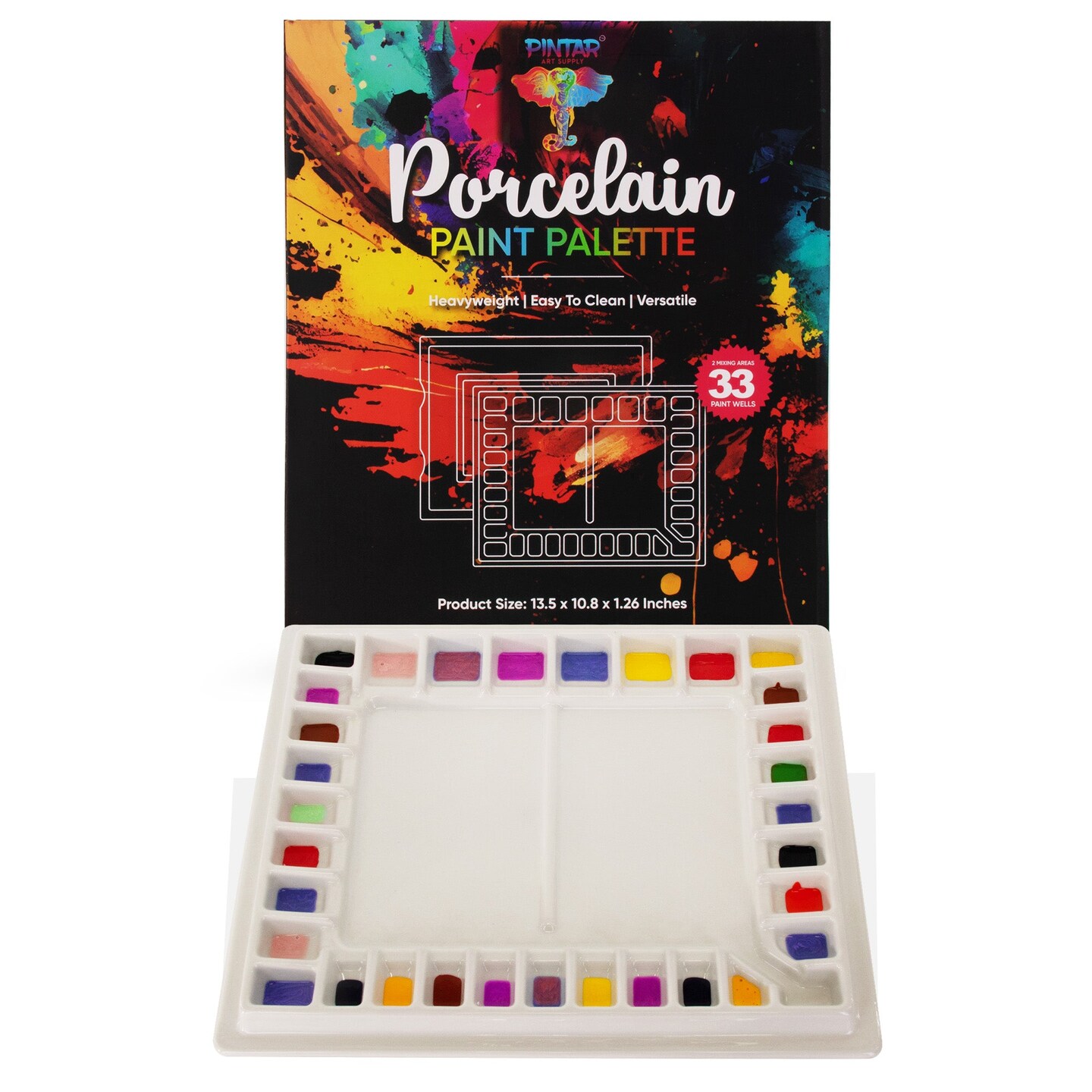 Pintar Ceramic Watercolor Paint Palette Tray - 33-Well Ceramic Palette | Large Mixing Areas - 13.5 x 10.8 Paint Pallet | Durable Watercolor Palette Tray for Acrylic, Oil, Gouache &#x26; All Water-Based Paints