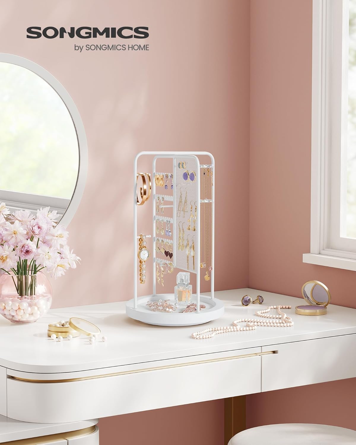 SONGMICS Jewelry Stand, Rotating Jewelry Display, 4 Independent Sections, Metal Frame, with Bottom Tray, Jewelry Organizer for Necklaces, Bracelets, Earrings, Rings, Gift Idea, White UJJS023W01