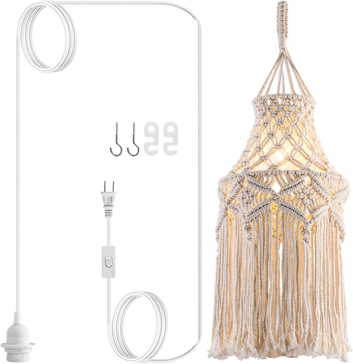 Boho Plug-In Pendant Light with Macramé Lamp Shade, Hanging Lamp Featuring Plug-In Cord and On/Off Switch, Bohemian Light Fixture for Bedroom or Living Room Décor