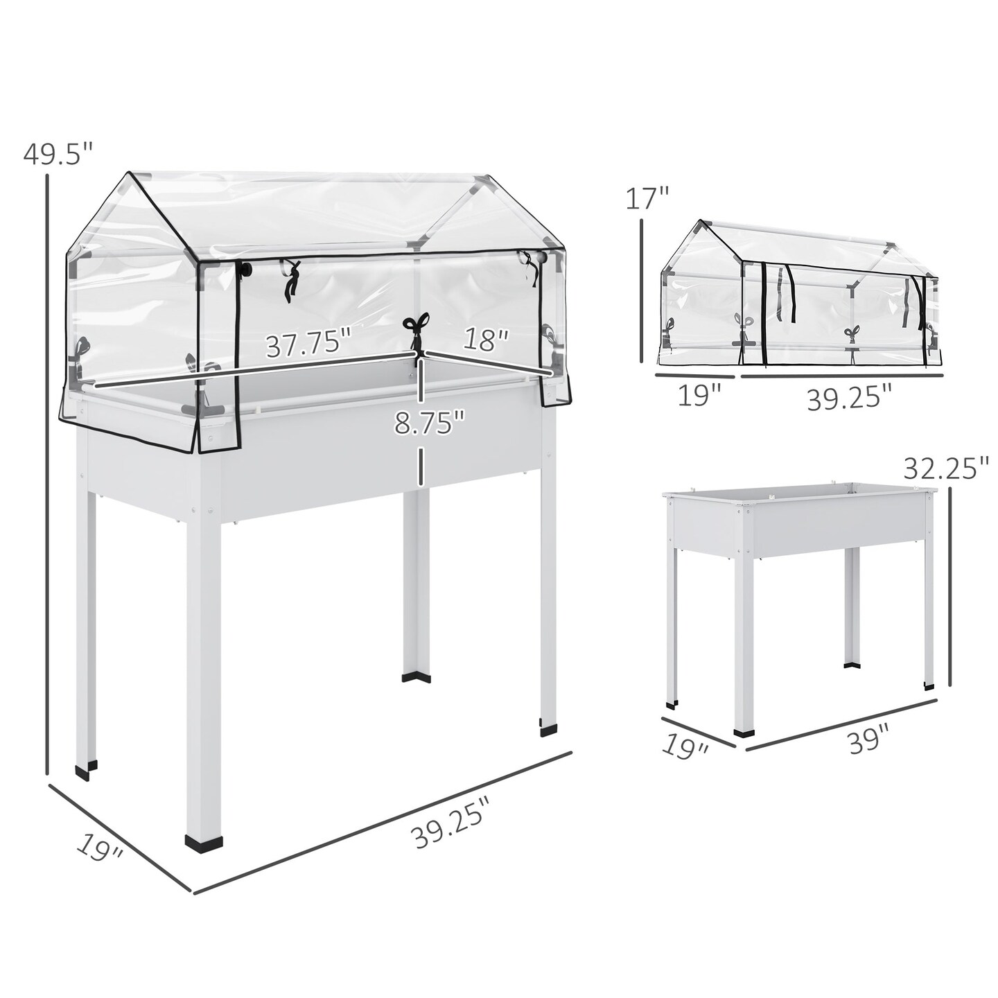 White Elevated Garden Box with Greenhouse Cover &#x26; Drainage Hole