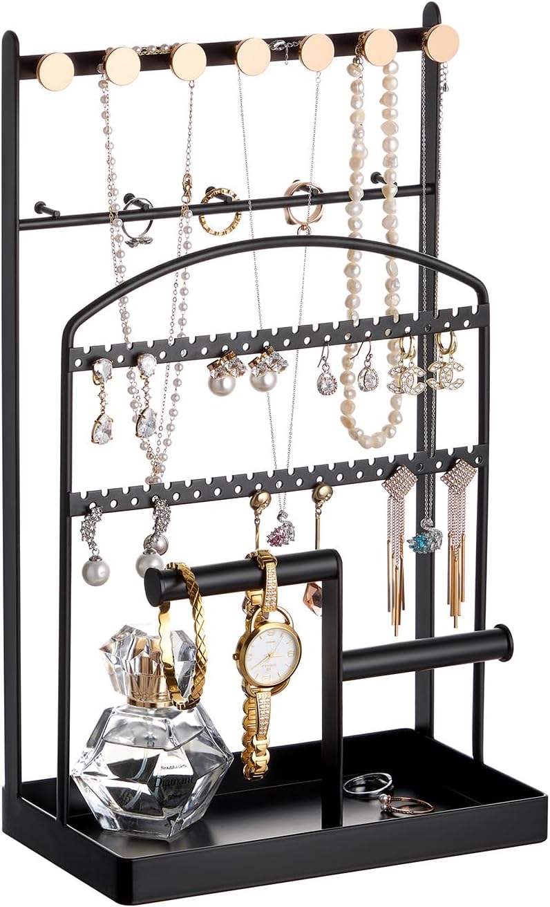 Modern Jewelry Organizer with 6 Compartments Layered Jewelry Tower Organizer Jewelry Box Compact Storage Solution for Earring, Necklace, Ring Collections -Black