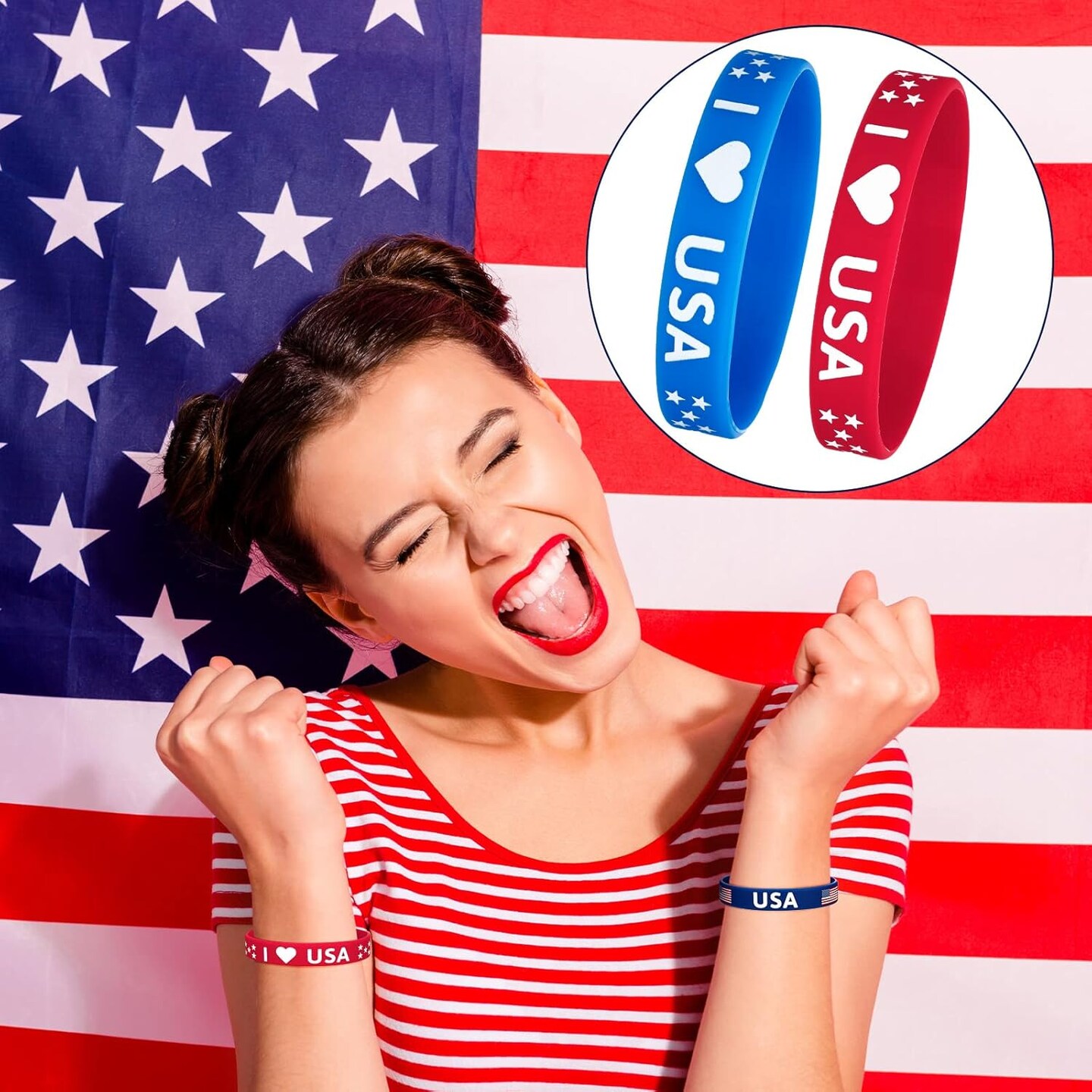 200 Pcs American Flag Silicone Bracelet Stretchable 4th of July Bracelets USA Patriotic Party Wristbands for Men Women Kids Independence Day Party Favors School Gifts Supplies, Red White Blue