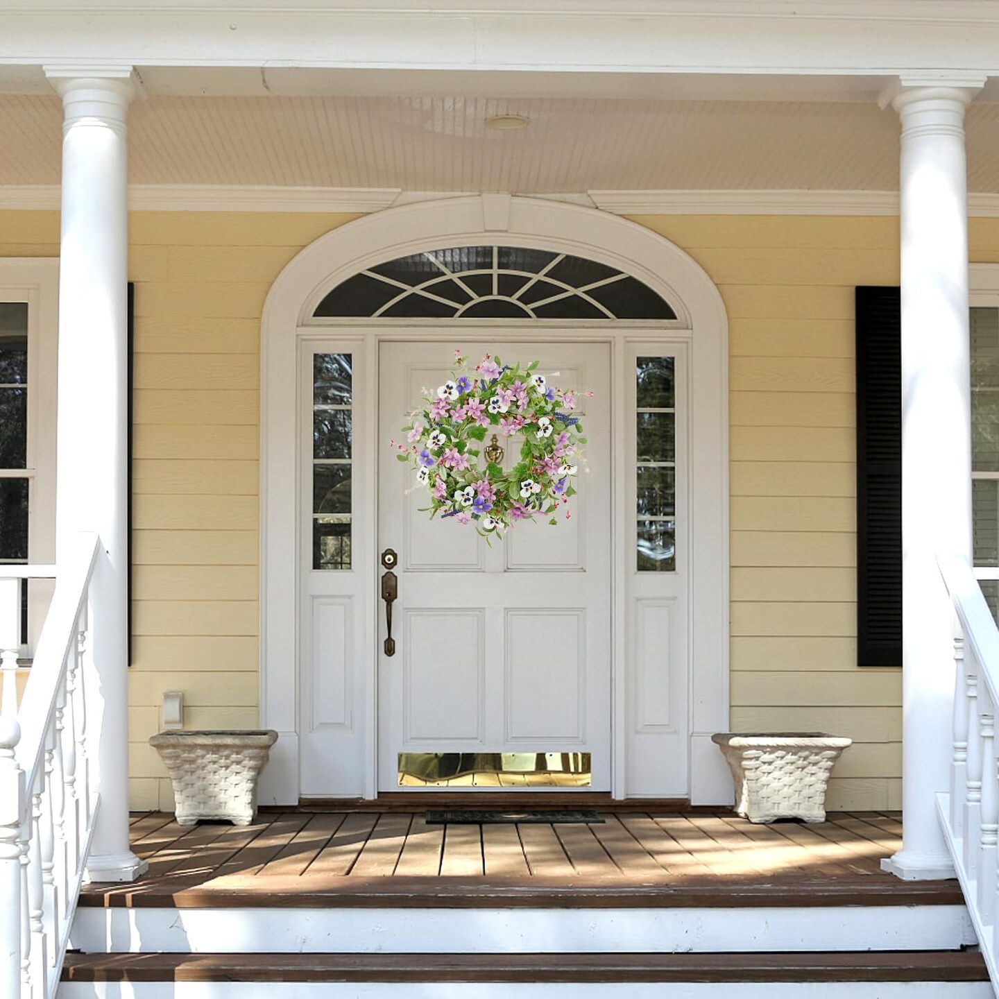 Summer Wreaths for Front Door Summer Wreath with Pansy Flower,Lamb Ear Leaves,Ivy Leaf for Indoor Outdoor Farmhouse Porch Wall Holiday Window Decoration