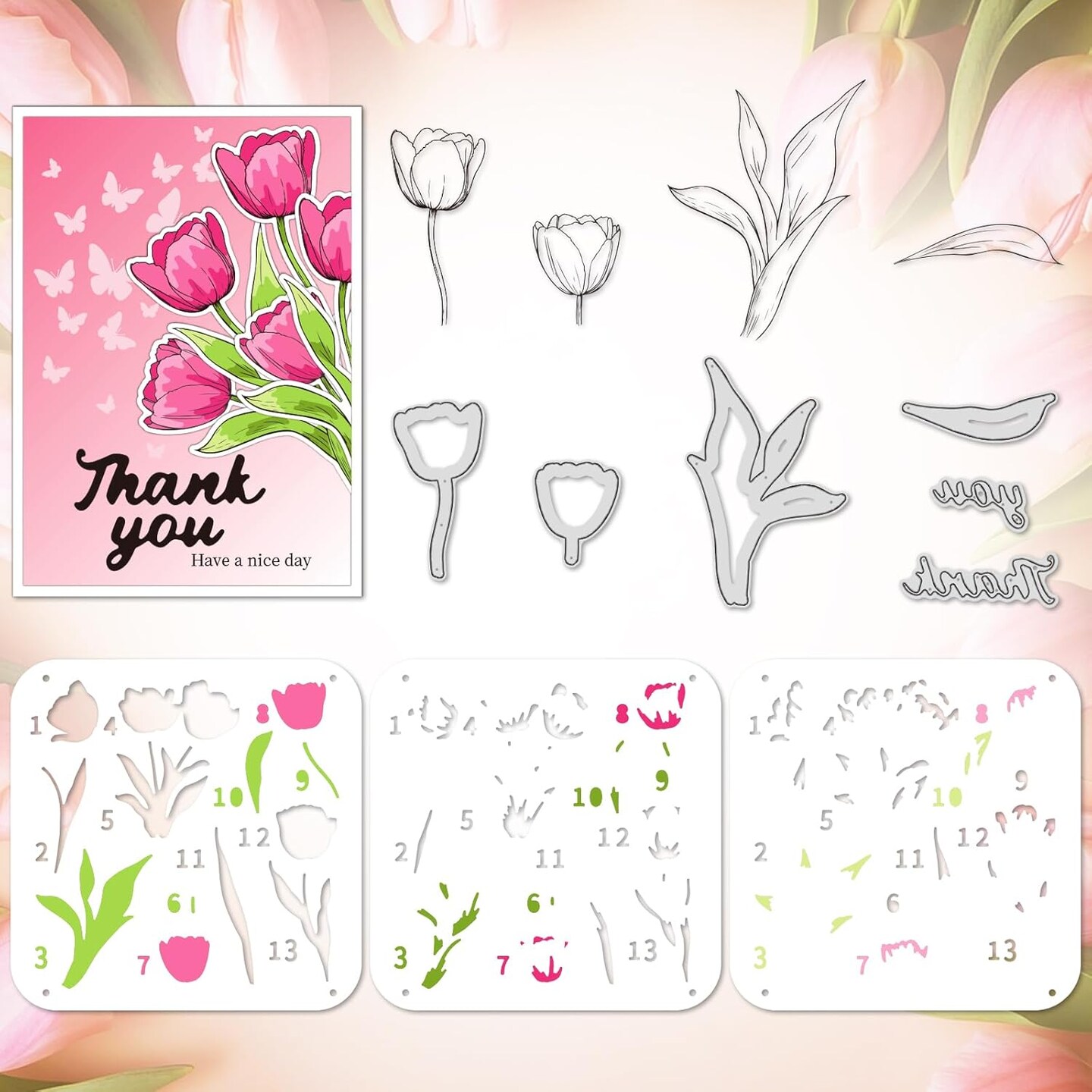 Stamps and Dies for Card Making, Mother's Day Tulip Stamps Die Cut Stencils Clear Stamps Set Layering PET Coloring Stencil