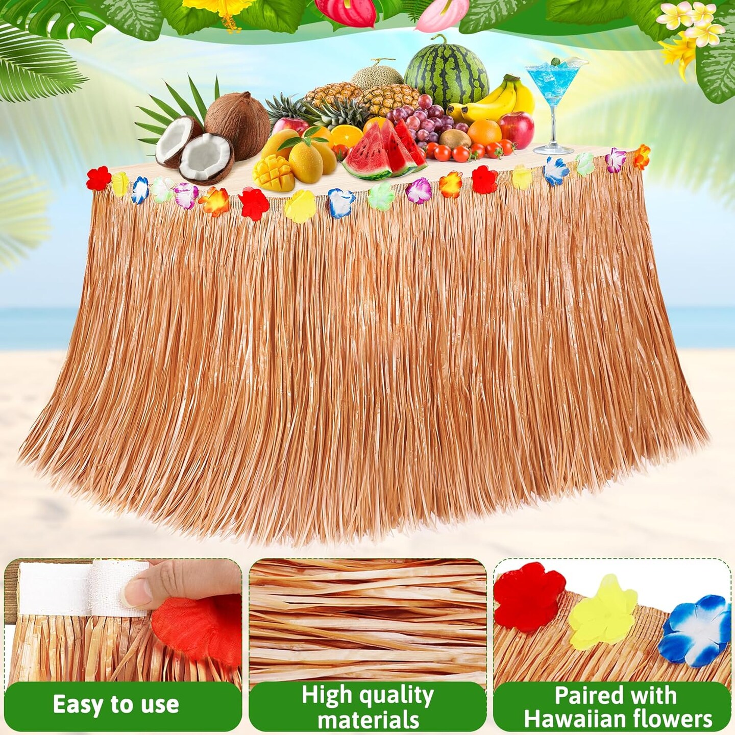 Luau Party Decorations, 1PCS Yellow Hawaiian Table Skirt Party Decorations, Flower 108 X 29.5&#x22; Grass Table Skirts Luau Party Favors, Luau Table Skirt for Summer Tropical Hula Parties Decor Accessories