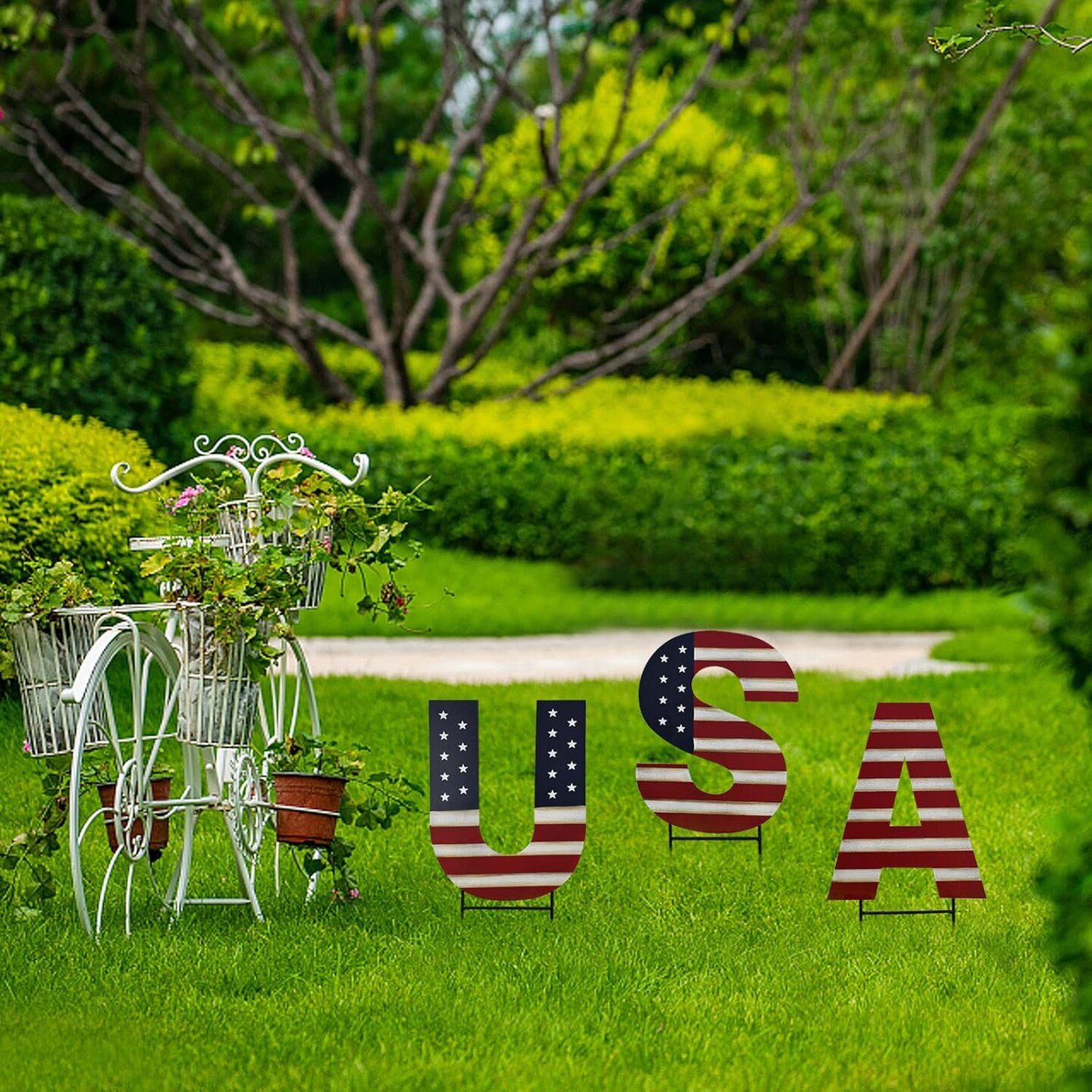 Metal USA Yard Decor Sign Patriotic Garden Stake 4th of July Outdoor Decorations Lawn Stakes Stars Decor American Flag Letter Set for Independence Day Memorial Veterans Day Party