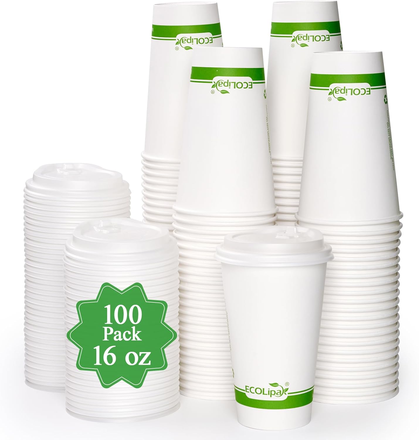 100 Count 16 oz Compostable Paper Coffee Cups, Biodegradable Disposable Coffee Cups with CPLA Lid, Eco-friendly Hot Drinking Cups for Party, Picnic, Travel,and Events