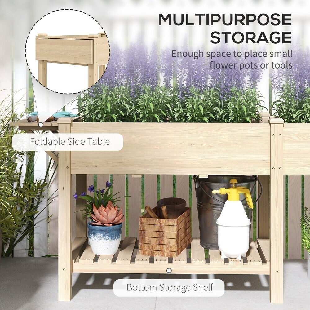 Wood Raised Garden Bed with Side Table, Bottom Shelf &#x26; Drainage Hole